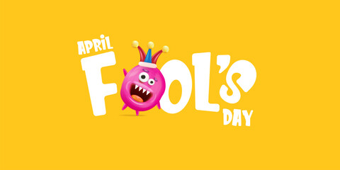 April Fools day funky horizontal banner with silly pink clown monster character isolated on orange background. 1 st april fool day banner, poster, label, flyer and greeting card. Fool day print