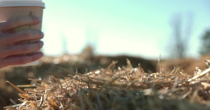 Woman reaches and grabs to-go coffee cup placed on hay bail - close up on hand and cup
