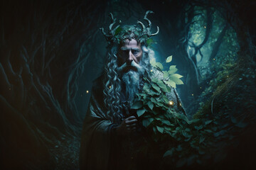  A wise druid communing with nature in a mystical forest, surrounded by verdant foliage and magical creatures.  fantasy , Ai
