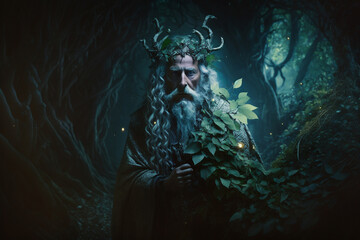A mystical druid standing in a lush forest glade, surrounded by ethereal wisps of magic. intricate details of the druid's robes and staff. a touch of dreaminess. fantasy Ai	