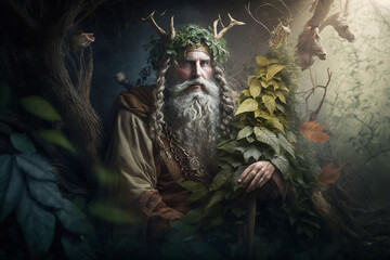  A wise druid communing with nature in a mystical forest, surrounded by verdant foliage and magical creatures.  fantasy , Ai