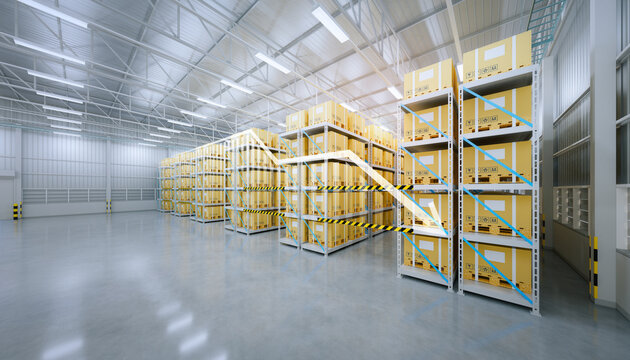 3d rendering of warehouse or distribution center with decrease graph. Storage and shipping system with box package on shelf and concrete floor. Concept for reduce, low of productivity, demand, supply.
