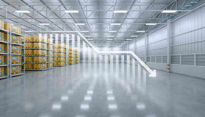3d rendering of warehouse or distribution center with decrease graph. Storage and shipping system...