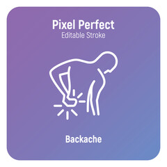 Backache thin line icon. Man touching his back. Osteoporosis, arthritis symptom.  Pixel perfect, editable stroke. Vector illustration.