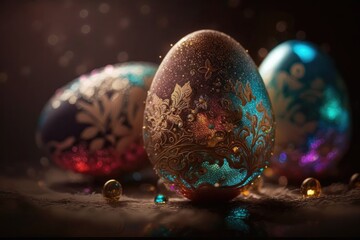 Obraz na płótnie Canvas fantasy amazing luxury Easter painted egg in glass egg on dark background. Happy Easter magical,generative ai.