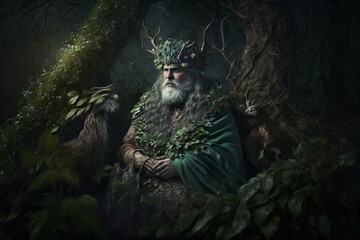 A wise druid communing with nature in a mystical forest, surrounded by verdant foliage and magical creatures.  fantasy , Ai