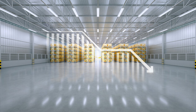 3d rendering of warehouse or distribution center with decrease graph. Storage and shipping system with box package on shelf and concrete floor. Concept for reduce, low of productivity, demand, supply.