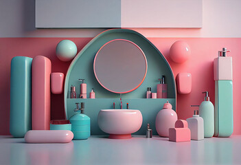 Full of feminine cosmetics arranged around a sink in a modern bathroom. Generate Ai.