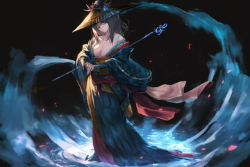 A beautiful young Asian samurai girl with long hair and katana sword wearing an amazing traditional dress. fantasy Ai