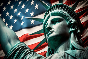 Obraz premium Statue of liberty with an American flag flying in the background. The concept of democracy and freedom, the Fourth of July holiday Independence Day in the United States. Generative AI.