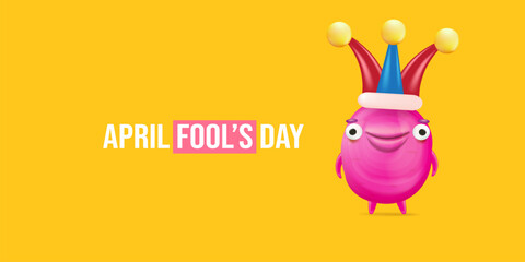 April Fools day funky horizontal banner with silly pink clown monster character isolated on orange background. 1 st april fool day banner, poster, label, flyer and greeting card. Fool day print