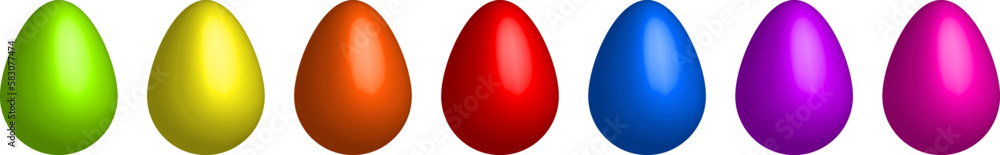 Poster set of multicolored glossy easter eggs. 7 colored eggs on an transparent background. easter, holiday