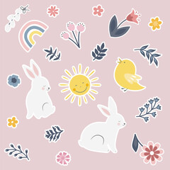 Cute stickers with bunny, flowers, leaves and chicken. Stickers for happy easter