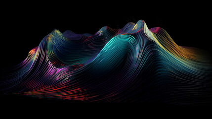 abstract fluid 3D render holographic iridescent neon curved wave in motion on a dark background.  design element that can be used for banners, backgrounds, wallpapers, and cover (AI generated)