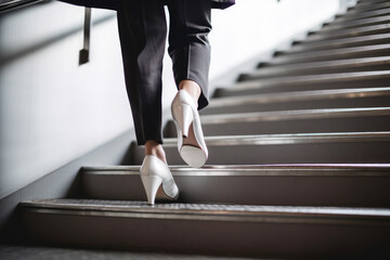 Fototapeta na wymiar Close up of business womans feet walking up a set of stairs to reach their goals. Generative ai