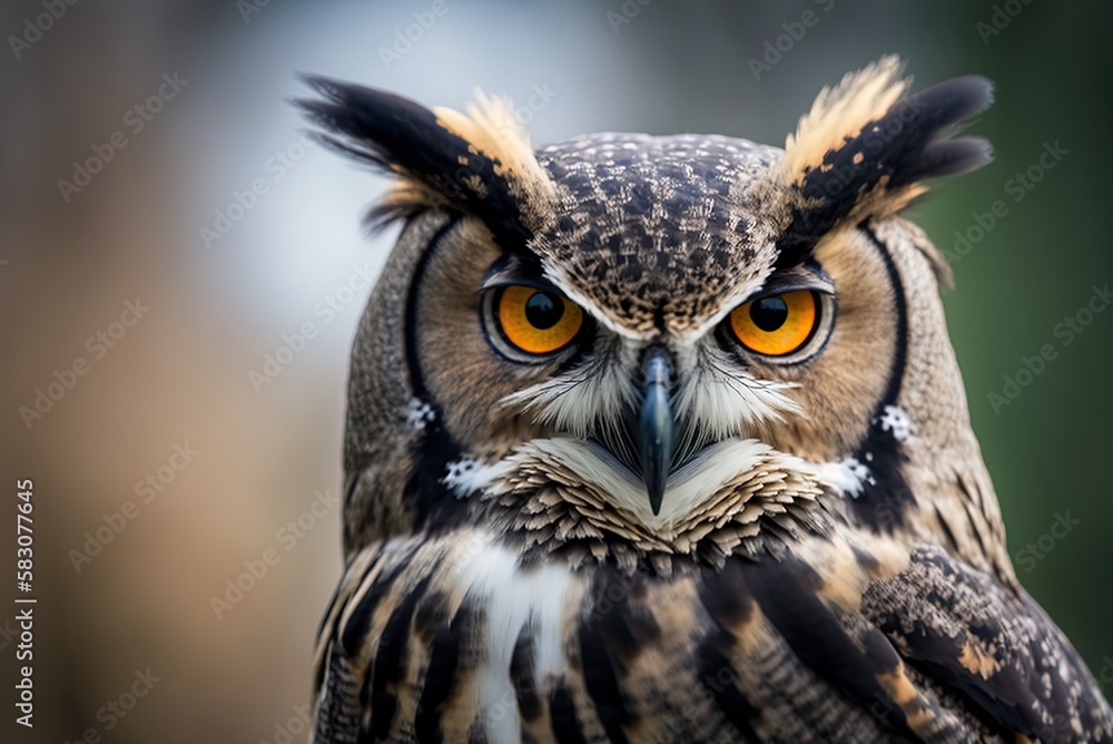 Poster close-up of an owl with a blurred background, focusing in on its face generative ai