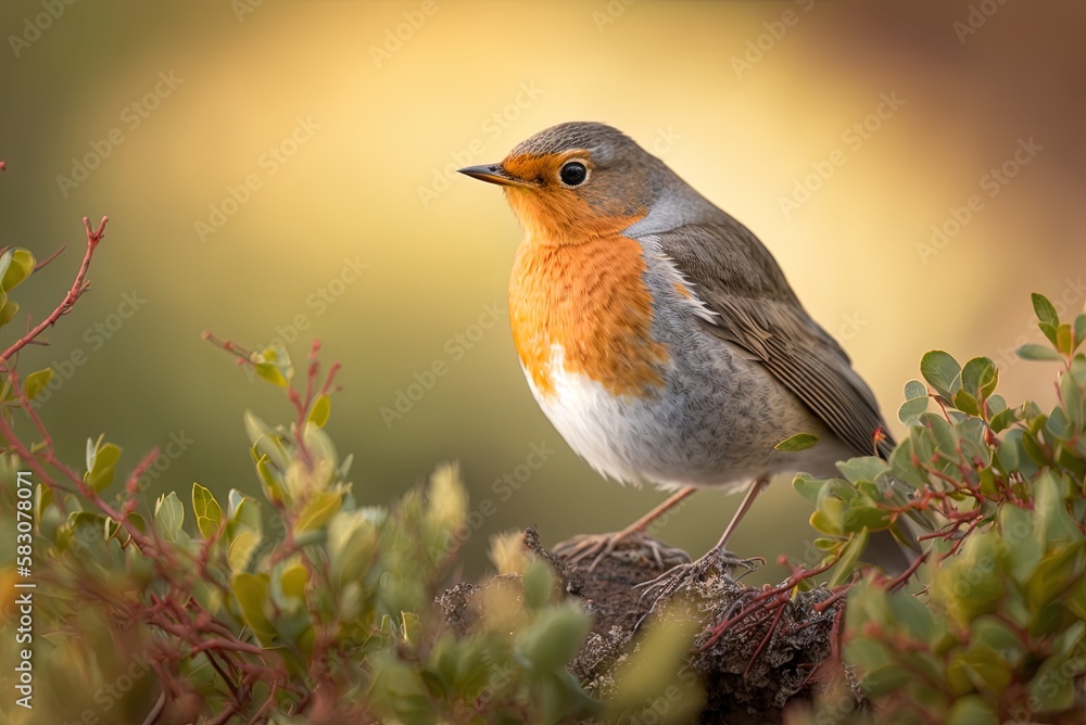 Poster a european robin sitting on a shrub, in sharp focus, with a hazy backdrop. generative ai