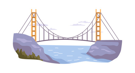 Suspension bridge connecting river banks, overpass for people and vehicles. Road or way for cars and transportation, city architecture. Vector in flat style