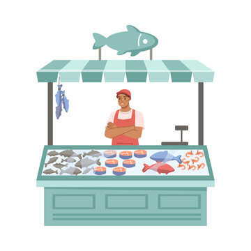 Fish kiosk, isolated street stall with assortment of marine seafood products. Man seller with variety of fish, salmon fillet. Flat cartoon, vector illustration