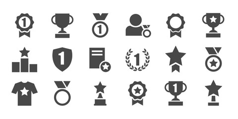 Set with award, award with number 1, one, trophy cup, trophy cup with star winner medal, trophy star, user with rating vector icon  - obrazy, fototapety, plakaty