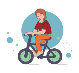 Young man on a bicycle. Cheerful boy character cartoon style. Vector color illustration.