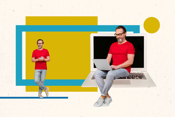 Composite photo collage advertisement of new job offer vacancy man using laptop distance working freelancer good salary isolated on yellow background