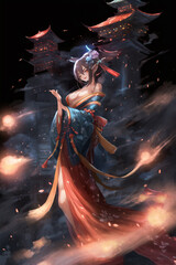 A beautiful young Asian samurai girl with long hair and katana sword wearing an amazing traditional dress. fantasy Ai