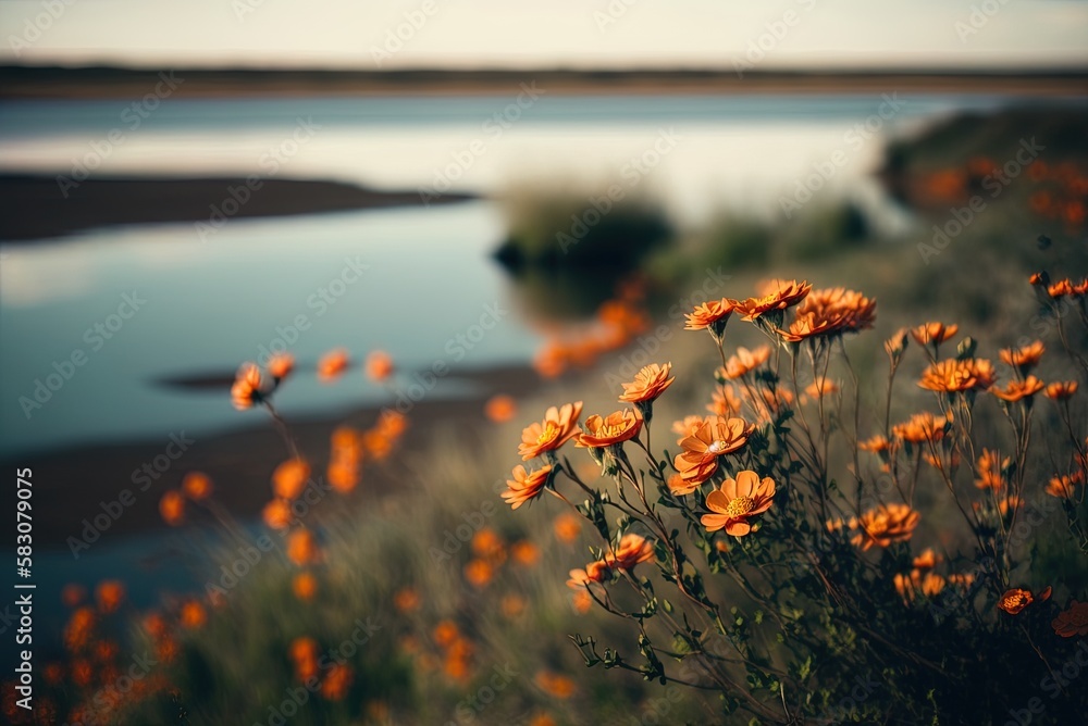 Poster zooming in on a specific part of a field filled with vibrant orange flowers that sits next to a body