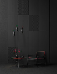 Monochromatic black modern interior with armchair and coffee table. All black room with chair under hanging. Black pastel style modern living room mock up concept.