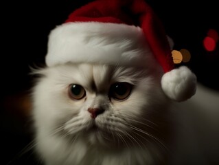 Putzige weiße Katze mit Weihnachtsmütze blickt in die Kamera, ai generativ