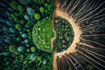 Deforest environmental problem, aerial split image from above top view, logging of rain forest, generative AI