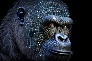 Neural network of a gorilla brain with data and artificial intelligence circuit board in the head of the primate ape, outlining concepts of a digital brain, computer Generative AI stock illustration