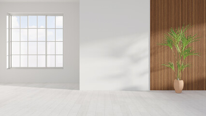 White empty room interior with plant in the pot on wooden floor, wooden panel on a large wall near the window. Background interior  3D render