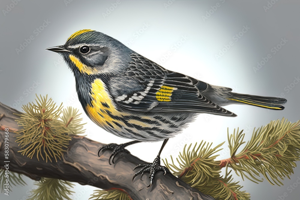 Poster branch with a yellow-rumped warbler perched on it generative ai