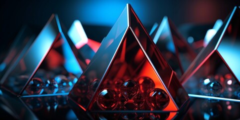 Futuristischer moderner Hintergrund für Website mit Dreieck Pyramiden in Blau und Rot, ai generativ