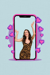 Photo composite collage of young lady glamour leopard print dress have fun dance satisfied popular girlfriend candidate isolated on blue background
