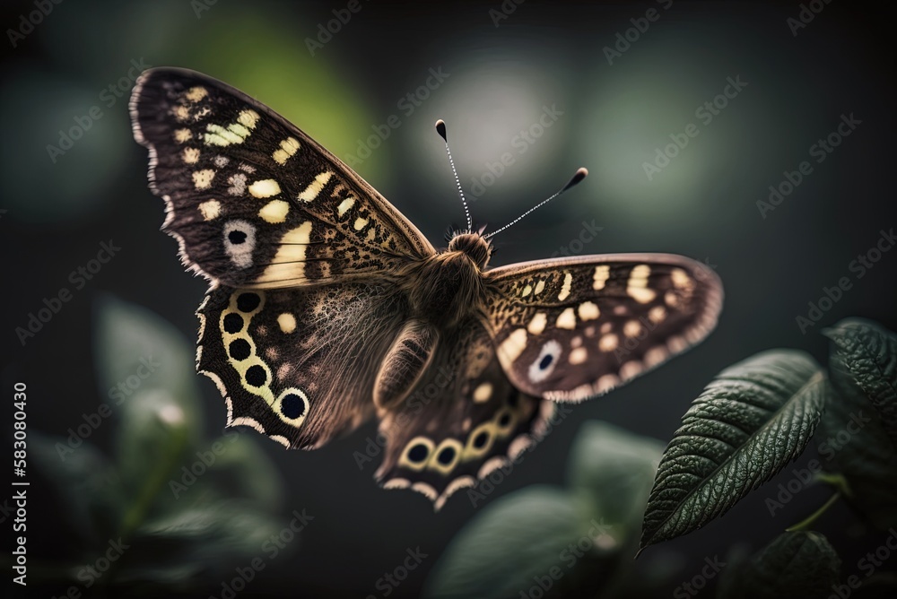 Poster image captured with selective focus while the speckled wood butterfly was in flight. generative ai