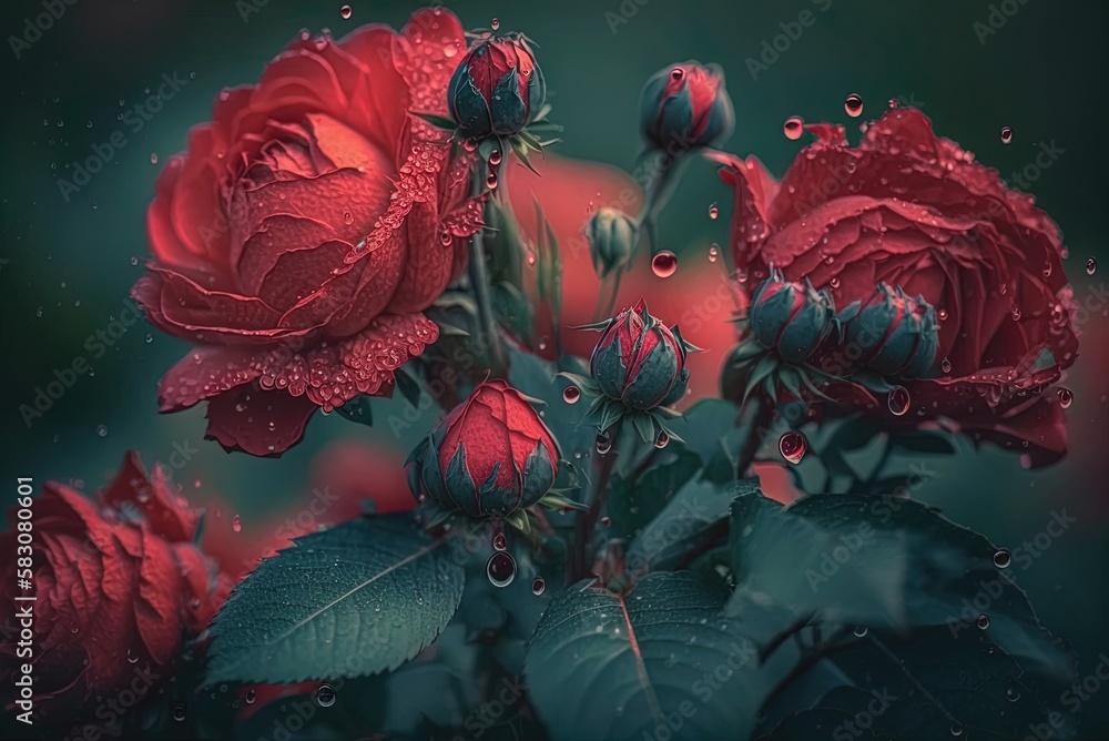 Poster a close-up of a few drops on a cluster of vivid red roses generative ai