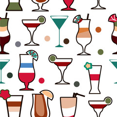 Set of cocktail glasses seamless pattern. Abstract collection of patterns from wine glasses of various shapes. Colored ingredients. for printing on paper, packaging, invitations, menus.  illustration