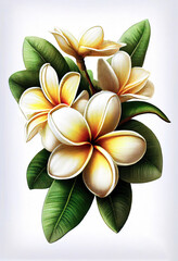 Plumeria, frangipani flower drawing isolated on white background. Watercolor, hand drawn style, ai generation
