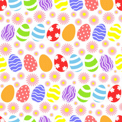 Vector seamless pattern with Easter eggs and pink flowers. Happy easter day.
