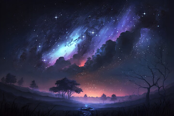 landscape with stars, sky with stars, sunset in the mountains, beautiful sky in night, wallpaper, Generative AI