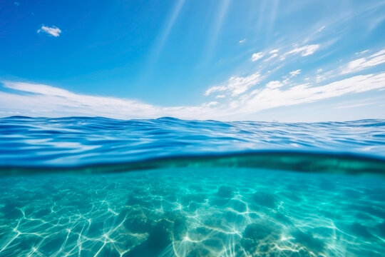 Blue sea ocean water surface and underwater with sunny and cloudy sky,seascape summer background wallpaper.