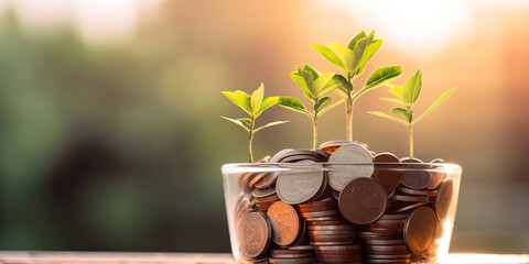 Cultivating Wealth: A Small Plant Thriving in a Pot Full of Coins Against a Sunny Background Representing Investment Growth. generative ai.
