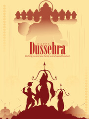 illustration of hand lettring i calligraphy of indian festival dussehra with Lord Rama holding Bow and Arrow killing ravana.
