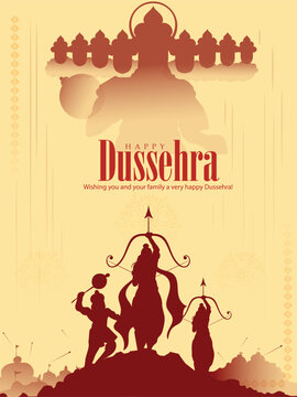 illustration of hand lettring i calligraphy of indian festival dussehra with Lord Rama holding Bow and Arrow killing ravana.
