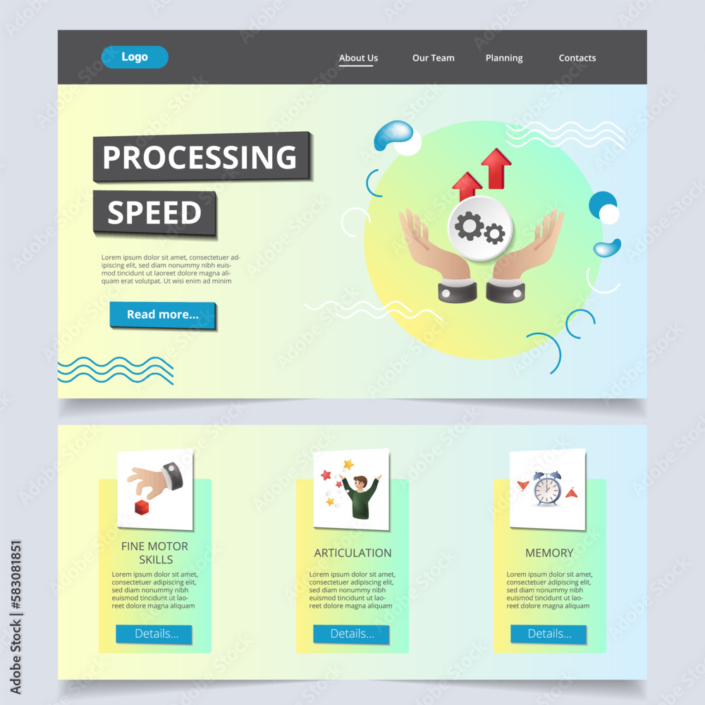 Poster processing speed flat landing page website template. fine motor skills, articulation, memory. web ba
