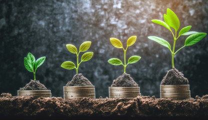 Cultivating Wealth: A Small Plant Thriving on a Bed of Coins Representing Investment Growth and Prosperity. generative ai.