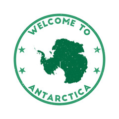 Fototapeta premium Welcome to Antarctica stamp. Grunge country round stamp with texture in Bulma Hair color theme. Vintage style geometric Antarctica seal. Awesome vector illustration.