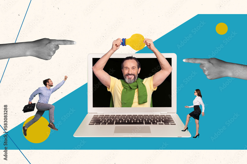 Poster photo conceptual teamwork it programmers working collage decision laptop display boss hold light bul